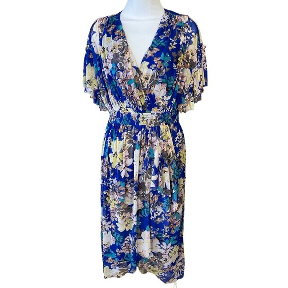 London Times Spring Garden Mesh Surplice Lined Shirred Flounce Dress Smocking 4 - Picture 1 of 10